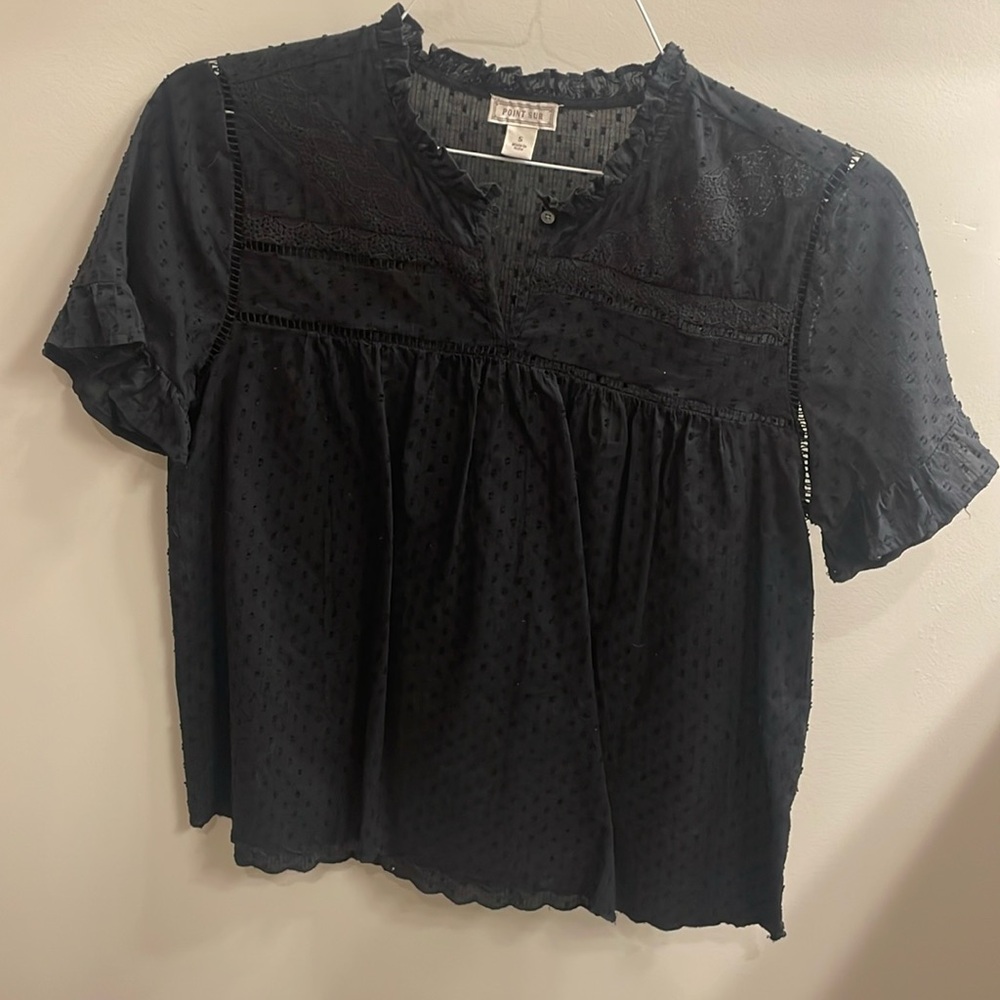 POINT SUR BLACK CROCHET SWISS DOT SCALLOPED HEM BLOUSE- SIZE S